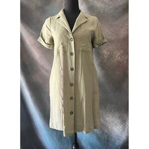 Monteau Los Angeles Shirt Dress Linen Blend Olive Green Short Sleeve‎ Casual